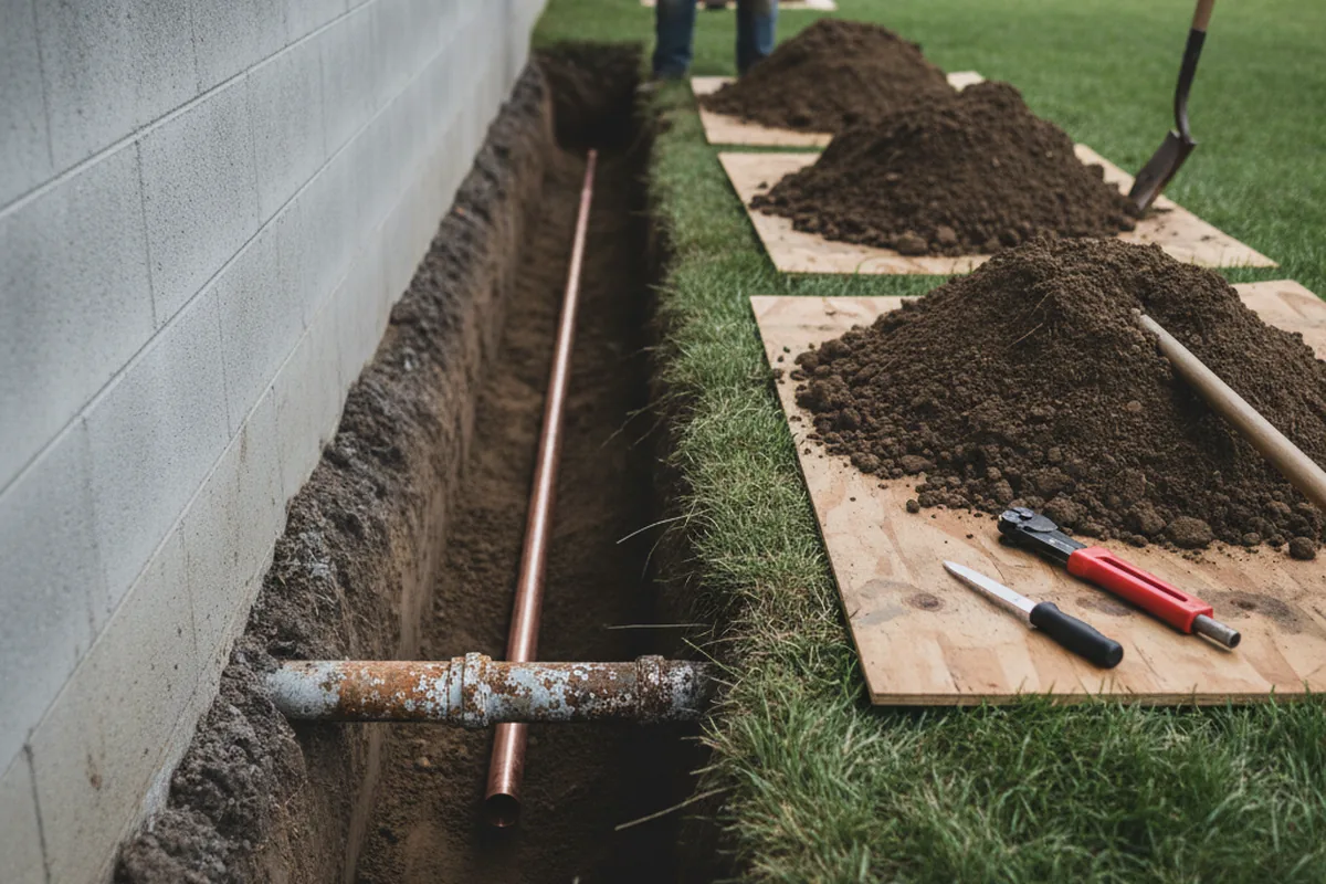 Excavated water line trench during Sewer Line Repair in Tillamook